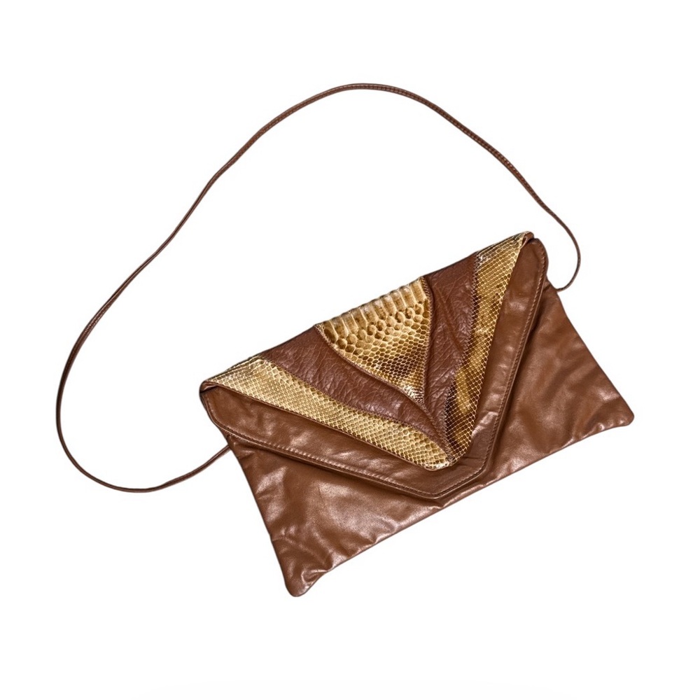 Vintage 1970s Brown Genuine Python Snakeskin & Leather Envelope Crossbody Purse